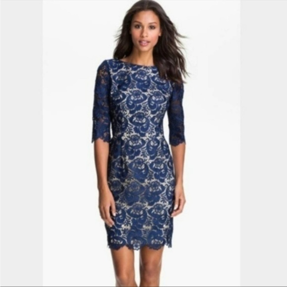 Eliza J Royal Collection Embroidered Floral Lace V Back Sheath Dress Size 6